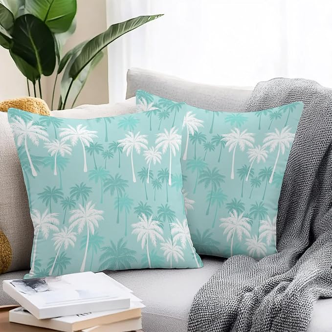 Throw Pillow Covers 24x24 Inch Set of 2, Tropical Palm Tree Waterproof Outdoor Pillow Covers, Turquoise White Plants Coastal Leaf Beach Decorative Cushion Pillowcases for Patio, Garden, Couch, Sofa