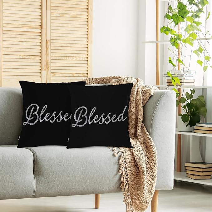 Swono Throw Pillow Covers Blessed, Bible Verse Blessed Accent Cushion Covers Decorative Pillowcase for Men Women, Christian Quote Sofa Bed Pillows Covers 18x18 Inch, Set of 2, Sparkling Black