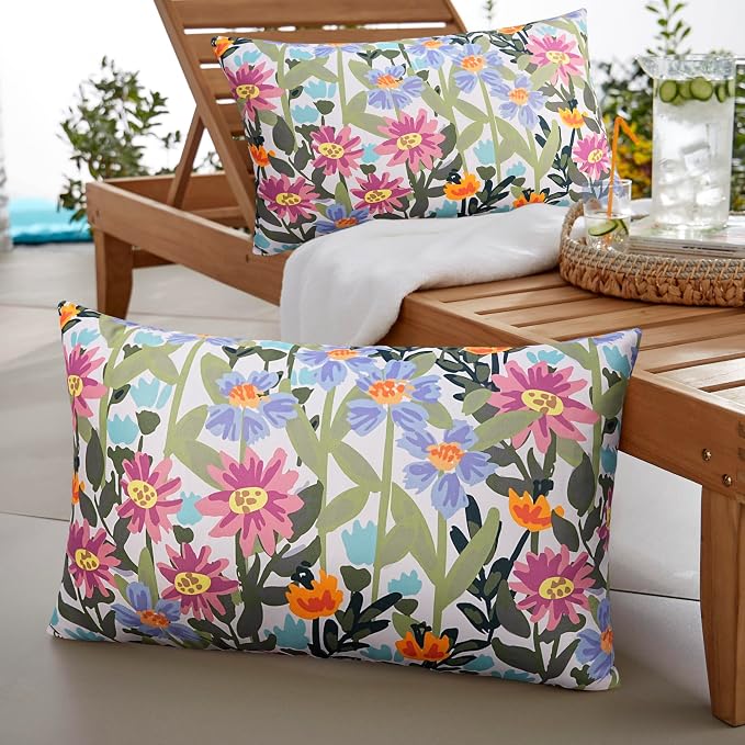 Pyonic Floral Outdoor Lumbar Pillows Covers 12x20 inch Waterproof Spring Summer Decor Outdoor Pillows for Patio Furnture Garden Bench Porch
