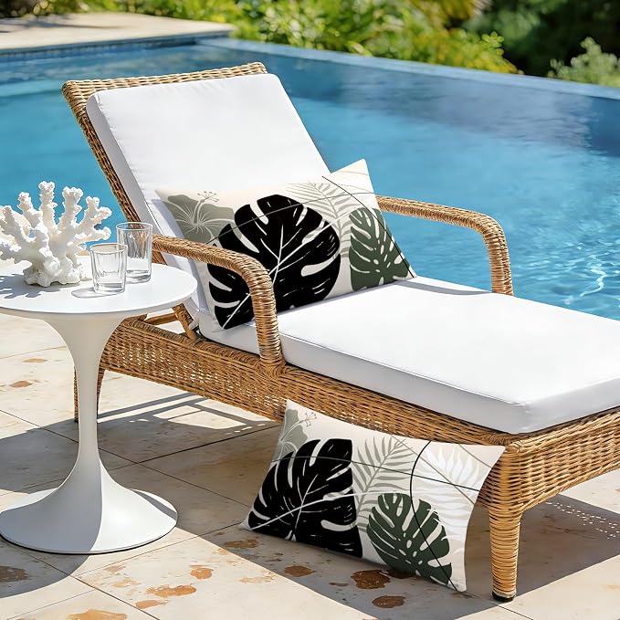 OTOSTAR Outdoor Waterproof Throw Pillow Covers 16x24 Inch Set of 2 Double-Sided Black Grey Tropical Leaf and Flower Spring Summer Decorative Pillow Cases for Patio Funiture Garden Balcony Couch