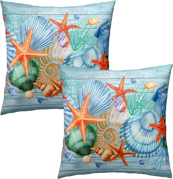 Nautical Coastal Starfish Throw Pillow Covers 16x16 Set of 2, Summer Ocean Beach Coral Wood Decorative Pillow Cases Cotton Cushion Cover for Home Sofa Couch Wedding Anniversary Decor