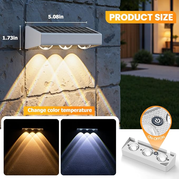 Solar Fence Lights,8 Pack Solars Deck Light,RGB Color,Outdoor Bulb Waterproof Led IP65,Power Patio Lamp with Lenses for Outside/Backyard/Railing/Yard(White)