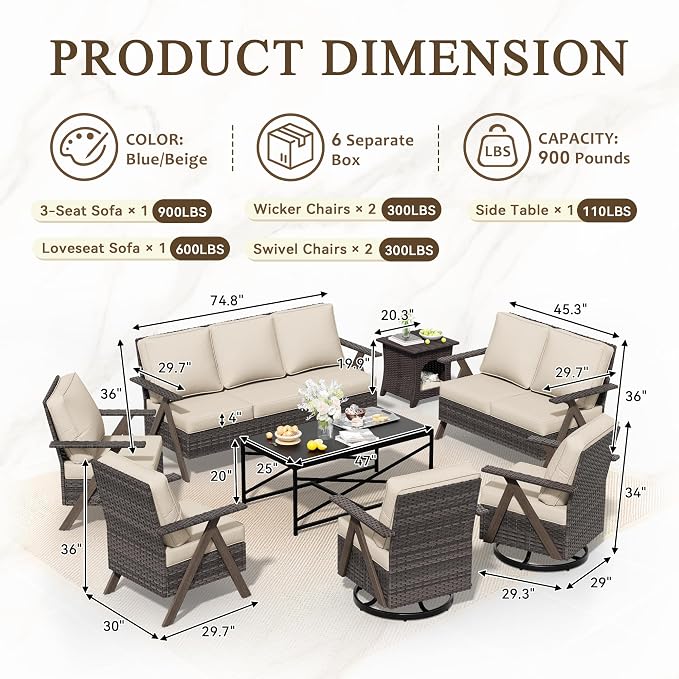 8 Pieces Patio Furniture Set,Outdoor Loveseat Sofa & High Back Swivel Rocker Patio Chairs, Wicker Conversation Set with Coffee Table and Side Table for Deck Yard and Poolside