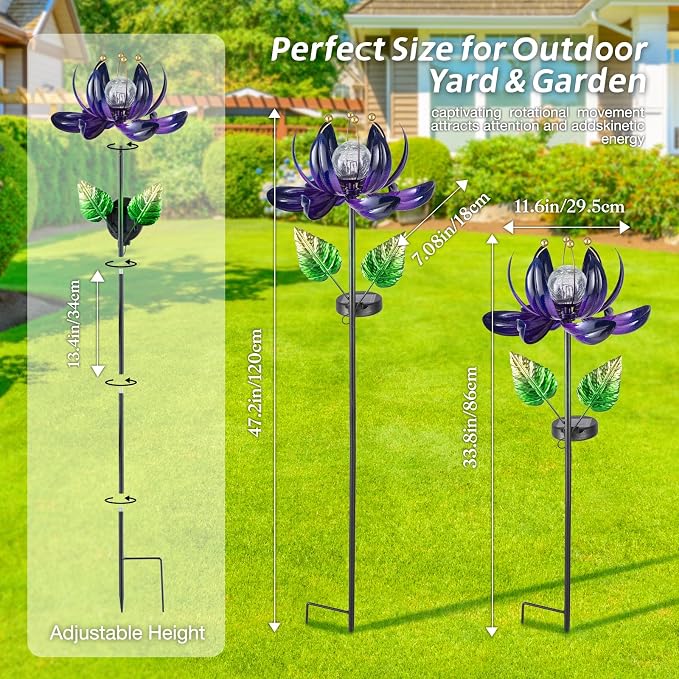 AIINY Solar Purple Metal Flower Wind Spinners, Colorful Spinning Windmill Lotus Yard Art Lights with LED Crystal Ball Decorative Stake Lighting Flower Sculpture