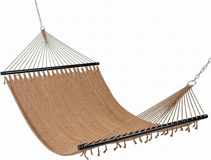 Happygrill 10.5FT Caribbean Double Hammock, Outdoor Portable Hammock with Spreader Bar, Soft-Spun Polyester Rope, 2 Person Hammocks for Outside, Camping & Patio, Max 600 lbs Capacity (Coffee)