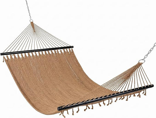 Happygrill 10.5FT Caribbean Double Hammock, Outdoor Portable Hammock with Spreader Bar, Soft-Spun Polyester Rope, 2 Person Hammocks for Outside, Camping & Patio, Max 600 lbs Capacity (Coffee)