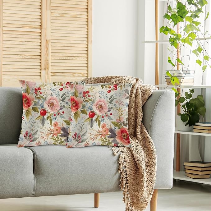Swono Set of 2 Decorative Throw Pillow Covers Vintage Floral, Romantic Blossom Rose Flowers Farmhouse Pillowcases Accent Pillow Cushion Cover for Couch Sofa Bed Office Armchair 18 X 18 Inch