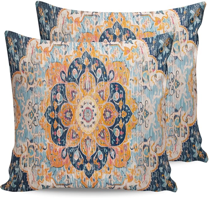 Outdoor Waterproof Pillow Covers Set of 2, Meddle Century Vintage Blue Carpet Mural Pattern Patio Throw Pillow Covers, Decorative Cushion Case for Couch Sofa Furniture Garden, 26x26 Inch