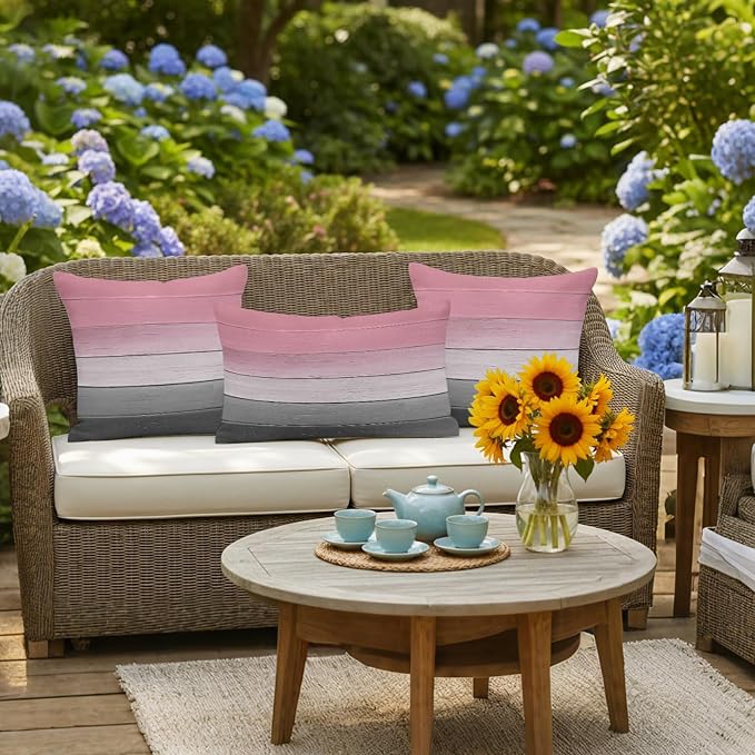 Pink Gray Outdoor Pillow Covers 18x18 Inch Throw Pillow Covers Set of 2 Waterproof Decorative Pillow Cases Vintage Country Gradient Wooden Plank Line Cushion Covers for Patio Furniture Garden Couch