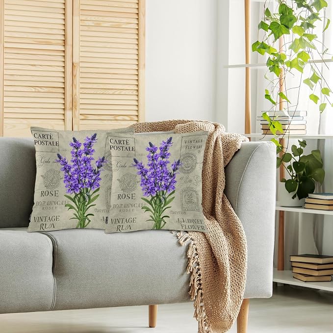 Swono Lavender Throws Pillows Covers for Couch, Violet Lavender Flowers Stamp Decorative Pillow Cases for Men Women, Purple Comfortable Pillow Cushion Cover Pack of 2 18"X18" for Home Sofa Bed
