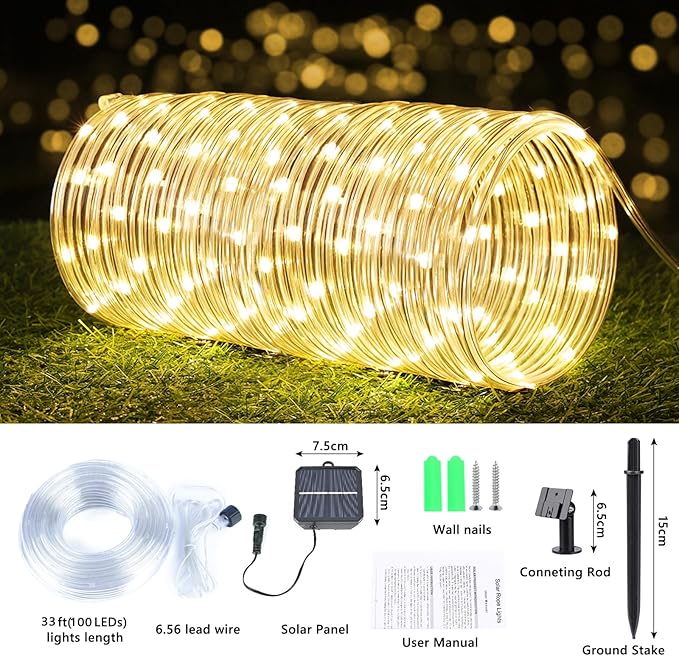 Solar Rope Lights, 33ft 100LED Solar String Lights, 8 Modes Waterproof Solar Outdoor Light, Flexible Clear Trampoline Light for Garden Backyard Patio Deck Porch, Pool Tree Decoration - Warm White