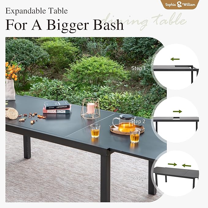 Sophia & William Patio Table and Chairs Set, Outdoor Dining Set for 8, 9 Piece Metal Patio Furniture, 99" Expandable Black Rectangular Table(Stripe)