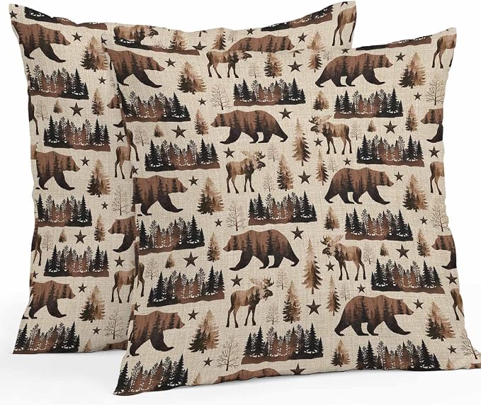 Brown Bear Elk Cabin Outdoor Pillow Covers 18x18 Inch Throw Pillow Covers Set of 2 Waterproof Decorative Pillow Cases Vintage Farmhousee Pine Tree Forest Cushion Covers for Patio Furniture Garden