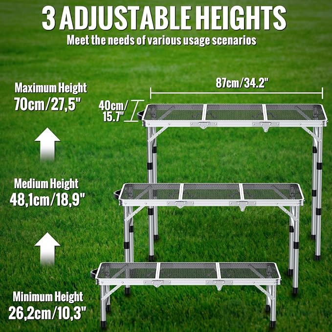 GARLLEN Folding Grill Table, 3 Adjustable Height Portable BBQ Table with Heat-Resistant Mesh Tabletop, Lightweight Aluminum Camping Tables for Outdoor, Grill, Picnic, 34.2" L x 15.7" W, Silver