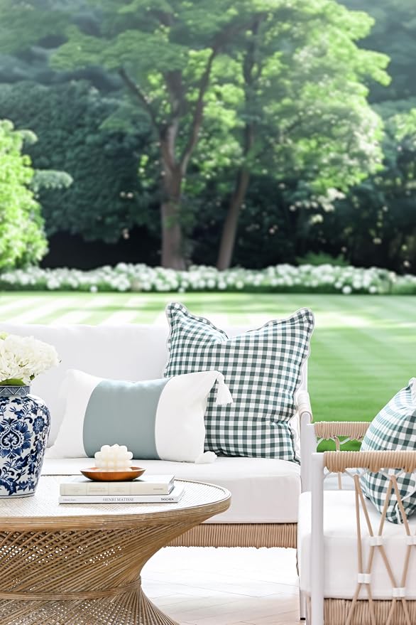Hofdeco Premium Coastal Grandmillennial Patio Indoor Outdoor Lumbar Pillow Cover Only, 12"x20" Water Repellent for Backyard, Couch, Poolside, Celadon Green Print Color Block