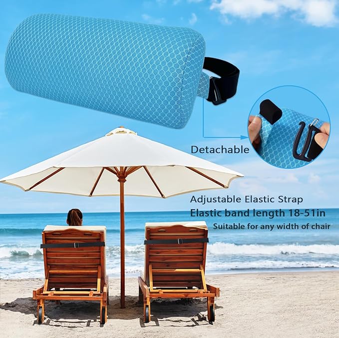 2 Pack Headrest Pillow for Patio Chaise Lounge,Recliner,Beach Chair,Blue | Resilient 3D mesh pillow with removable washable cover, adjustable elastic strap, ergonomic support, lightweight portable