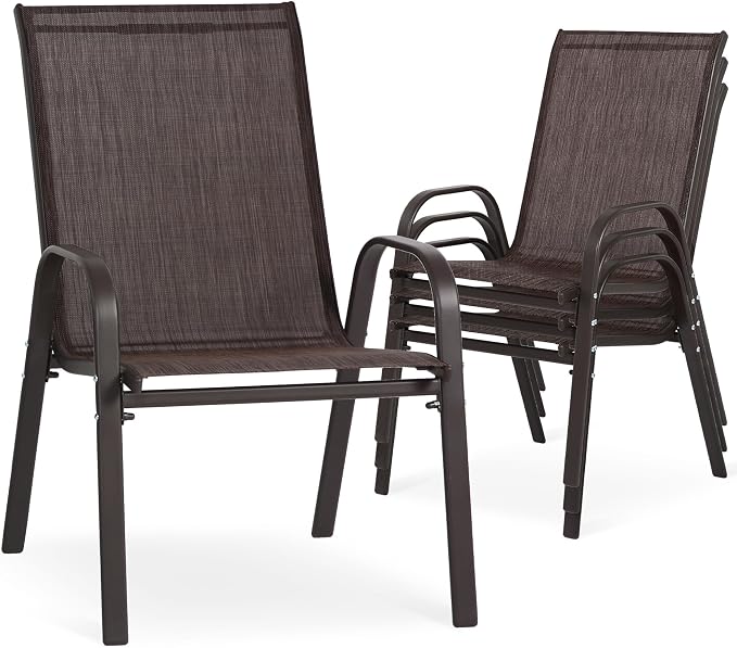 24.4" Wide Outdoor Stackable Chairs Set of 4, Stacking Patio Chairs with Textilene Fabric, Outside Furniture for Garden Backyard Balconie Poolside Deck, Brown