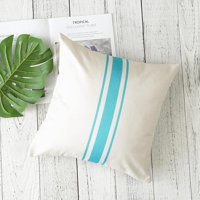 ONWAY Outdoor Pillow Covers Waterproof 16x16 Set of 2 Decorative Linen Throw Pillow Cover Beige and Blue Striped Outdoor Pillows for Patio Furniture