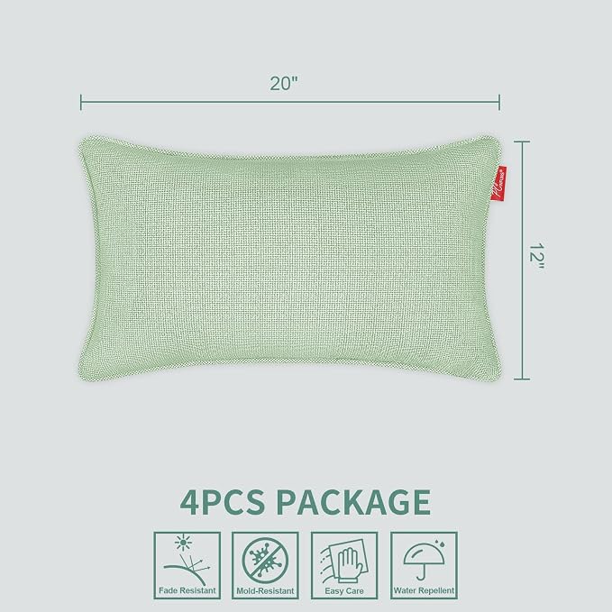 Pack of 4 Outdoor Throw Pillows,20x12 Inch All-Weather Water-Resistant Patio Pillows with Inserts,Decorative Pillows for Patio Furniture,Couch,Sofa,Poolside,Light Green