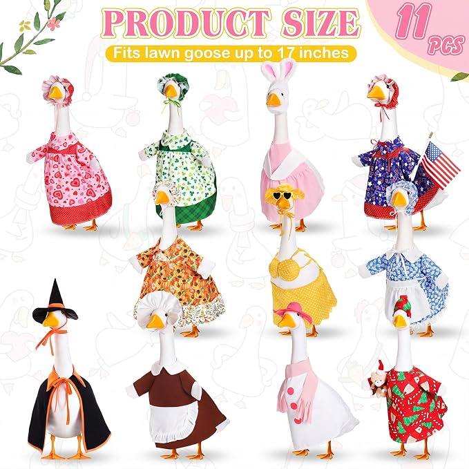 11 Set Holiday Porch Goose Outfits All Seasons Goose Clothes Umbrella Easter Statue Costume for Patio Lawn Outdoor