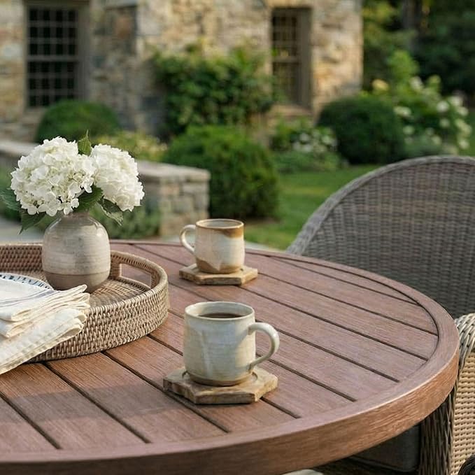 Martha Stewart Bedford 36" Round Indoor-Outdoor Aluminum Patio Dining Table with Trestle Base, Accommodates up to 4 Adults, Brushed Brown Woodgrain Finish