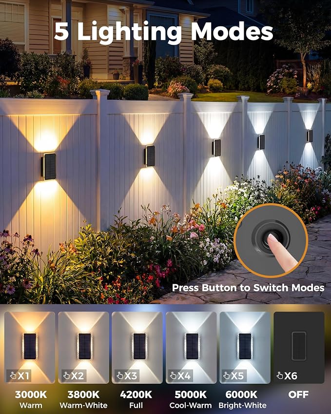 Solar Fence Lights Outdoor 12 Pack, 5CCT(3000K-6000K) Up and Down Solar Wall Lights, IP65 Waterproof Dusk to Dawn Wood Fence Lights Solar Powered for Patio, Porch, Backyard, Garage, Wall Decor
