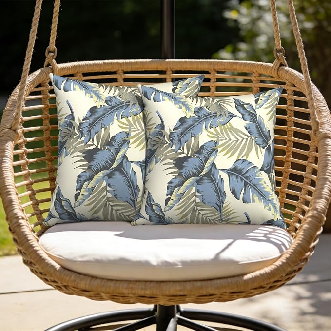 Outdoor Pillows with Insert 20x20 Inch, Waterproof Throw Pillow for Patio Furniture, Decorative Back Cushion for Garden Home Sofa Office Chair, Set of 2, Lush Palm Blue