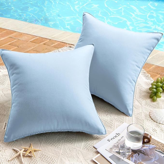 MIULEE Decorative Outdoor Waterproof Pillow Covers 18x18 Light Blue | Decorative Patio Furniture,Pack of 2,Accent Square Soild Throw Pillow Covers,Summer Garden Tent Couch Sofa