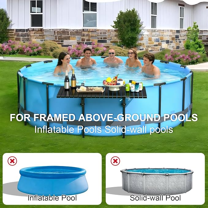 Swim Up Bar Table for Above Ground Pools - 49.4"×9.6" Galvanized Iron Black Pool Shelf, Holds 110lbs, Fits Top Rails of 4.48" or Less, for Round/Oval/Frame Swimming Pools