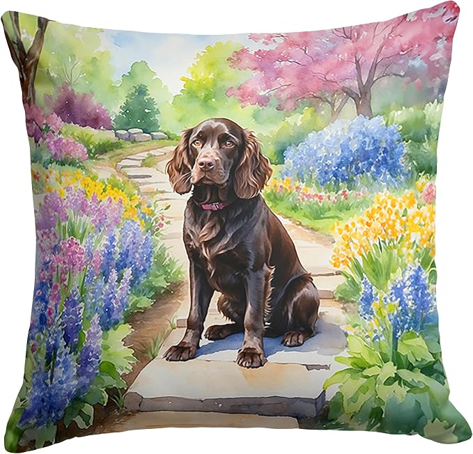 Caroline's Treasures Boykin Spaniel Spring Path Throw Pillow Machine Washable, Indoor Outdoor Decorative Pillow for Couch, Bed or Patio, 14Hx14W
