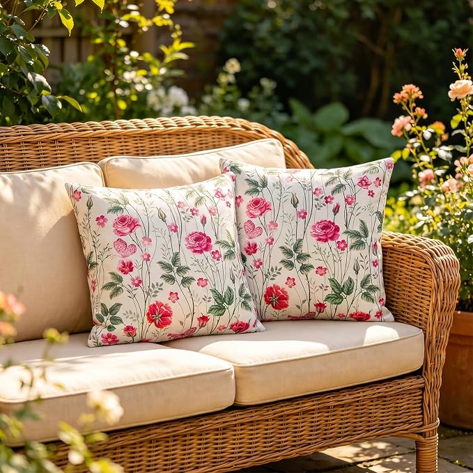 Merrycolor Waterproof Floral Pillow Covers 18x18 Inch Set of 2 Summer Accent Cushions Outdoor Decorative Square Couch Cushion Cases for Patio Garden Beach Sofa,Green-Red
