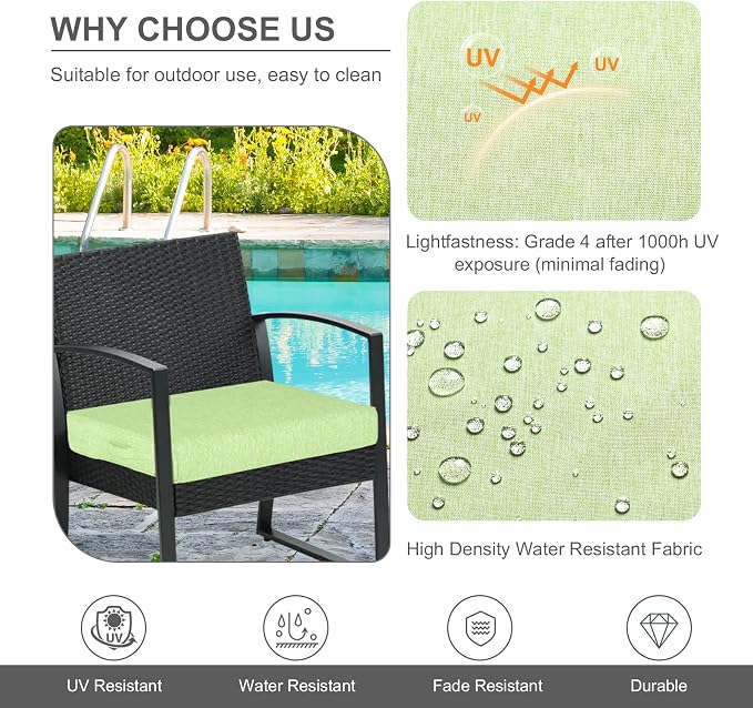 Aoodor Patio Chair Cushions Set of 4, 24 x 24 x 4 Inch Water Resistant Outdoor Seat Cushions with Handle and Ties, Square Corner Cushions for Patio Furniture Garden Lawn, Green