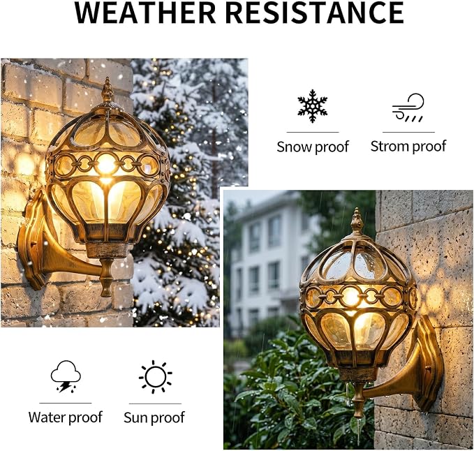 Globe Die Cast Aluminum Outdoor Wall Light, Brushed Gold Finish | Anti-Rust Waterproof Hardwired Exterior Wall Sconce with Amber Glass, Outside Wall Lantern for Patio, Porch, Backyard