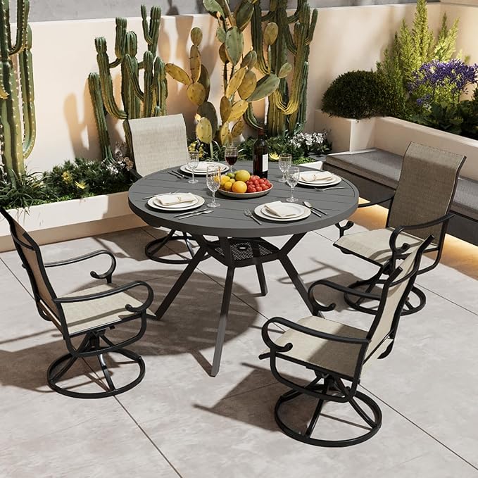 42" Outdoor Patio Table Dining Table All Weather Metal Round Patio Dining Table with Adjustable Umbrella Hole Patio Furniture for Lawn Garden Backyard, Black