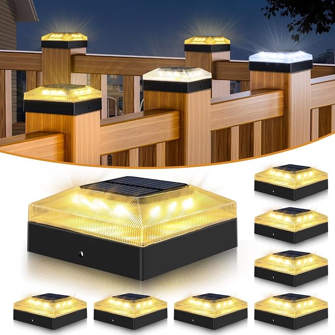 4x4 Solar Post Cap Lights Outdoor 8 Pack, 3 Color Modes/Dusk to Dawn/IP65 Waterproof, Fits 4x4 Vinyl/PVC Wood Posts Top, Black LED Fence Topper Light for Deck, Backyard
