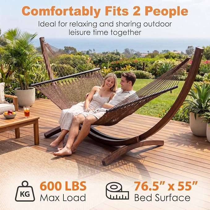 Happygrill 10.5FT Caribbean Double Hammock, Outdoor Portable Hammock with Spreader Bar, Soft-Spun Polyester Rope, 2 Person Hammocks for Outside, Camping & Patio, Max 600 lbs Capacity (Brown)