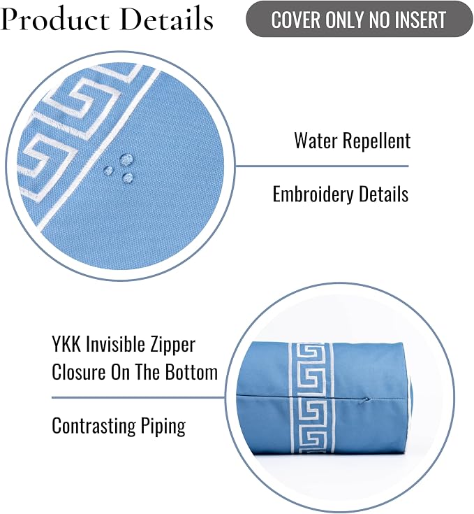 Hofdeco Premium Coastal Hampton Patio Indoor Outdoor Bolster Pillow Cover Only, 8"x24" Water Repellent for Backyard, Couch, Poolside, Azure Blue Embroidered Greek Key