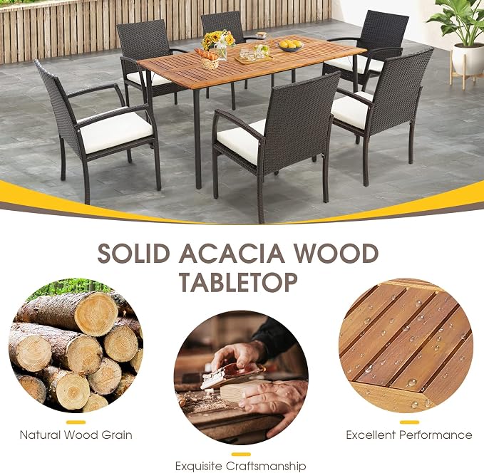Tangkula 63" Acacia Wood Patio Dining Table for 6, Rectangular 6-Person Outdoor Dining Table with Metal Legs & Umbrella Hole, Indoor Outdoor Dining Furniture for Deck, Garden, Poolside & Backyard