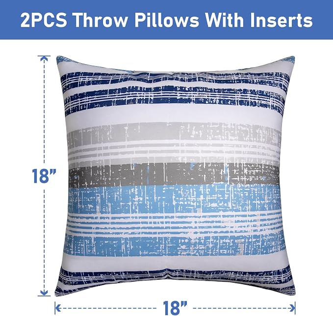 18x18 Waterproof Outdoor Pillows, Set of 2 Outdoor Throw Pillows | Patio Furniture Pillows, Fluffy Decorative Pillows, Waterproof &Fade Resistant, Removable & Washable, Stripe Blue White