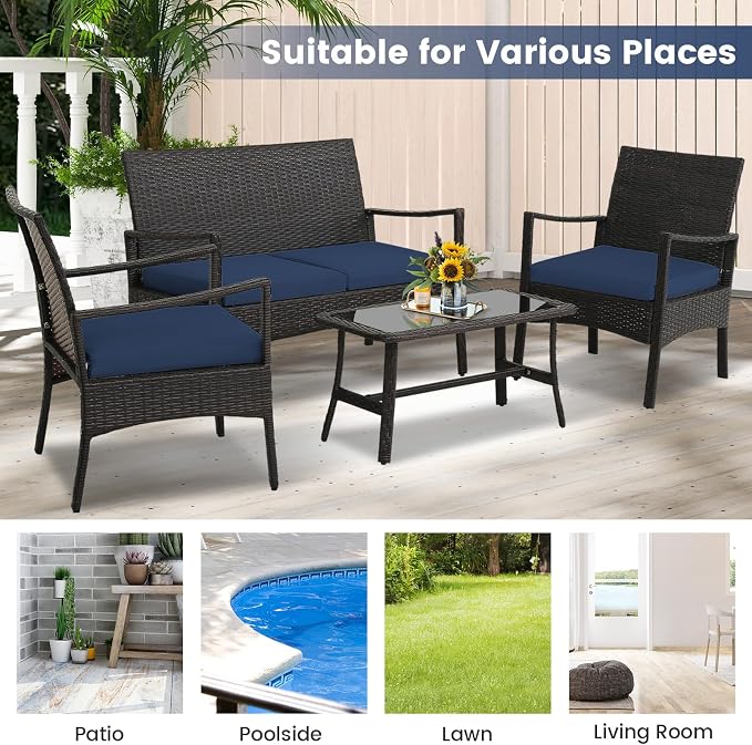 HAPPYGRILL 4-Piece Rattan Patio Conversation Set with Tempered Glass Coffee Table, Comfortable Wicker Loveseat & Chairs for Poolside, Courtyard, Balcony