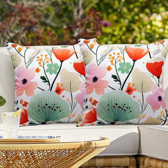 Floral Outdoor Throw Pillow Covers 18x18 Waterproof Colorful Summer Spring Garden Decorative Square Patio Pillows Outdoor Pillows Covers for Patio Furniture Set of 2 (No Pillow Insert)