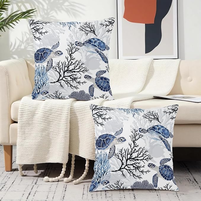 Sea Turtle Pillow Covers Nautical Coastal Throw Pillow Covers 18x18 Set of 2 Beach Ocean Themed Pillow Cases Blue Coral Branch Outdoor Cushion Cases for Living Room Bedroom Garden