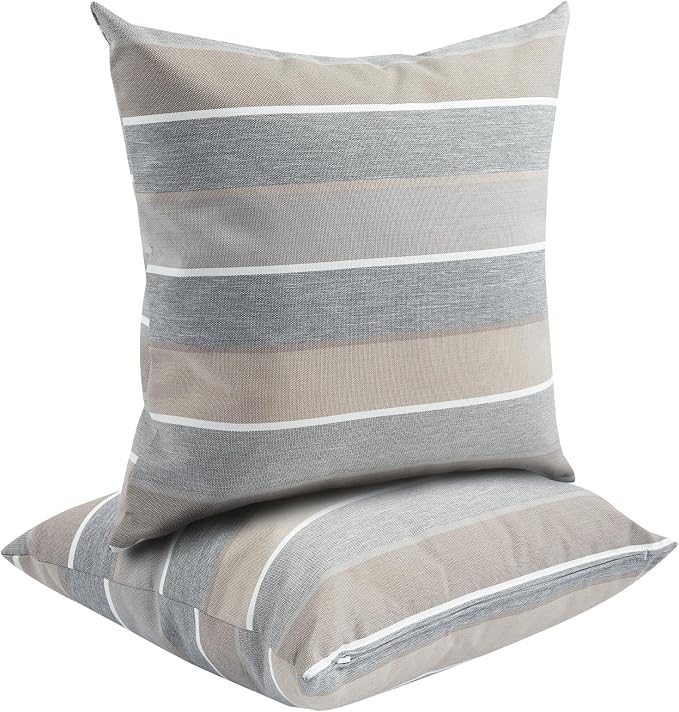 FUNHOME Outdoor Throw Pillows Water Resistant 18x18 inch,Decorative Throw Pillow with Insert Set of 2,Hidden Zipper Headrests for Patio Furniture Sofa Couch Chair(Gray Stripe)