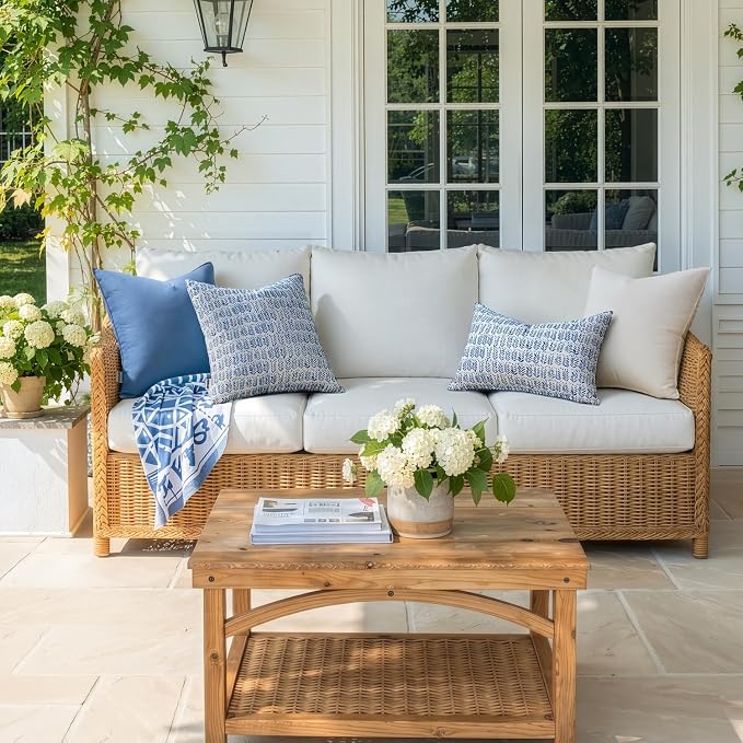 MIULEE Outdoor Lumbar Pillows with Inserts Set of 2 12x20 Inch Dark Blue | Patio Waterproof Fade Resistant Fluffy Throw Pillows Decorative Garden Natural Accent Leaves Cushion for Home Sofa Decor