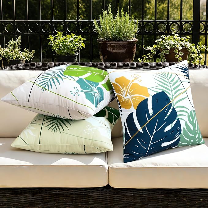 OTOSTAR Outdoor Waterproof Throw Pillow Covers 16x16 Inch Set of 2 Double-Sided Dark Blue Yellow Tropical Leaf and Flower Spring Summer Decorative Pillow Cases for Patio Funiture Garden Balcony Couch