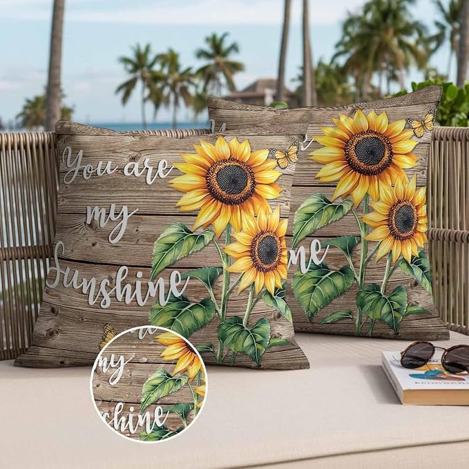 Sunflower Outdoor Waterproof Throw Pillow Covers Set of 2, 26"x26", You are My Sun Shine Vintage Brown Wood Board Decorative Pillow Covers Outside Cushion Case for Patio Porch Garden