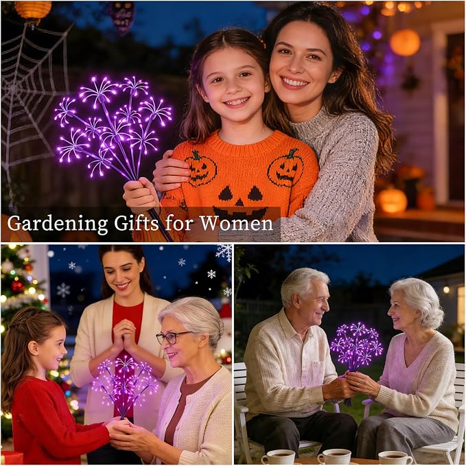 Solar Garden Lights Outdoor, 4 Pack 2-Layer Purple Solar Firework Lights | ﻿Purple Halloween Decoration, Waterproof Starburst Fairy Light Garden Decor for Christmas Yard Patio Pathway Lawn