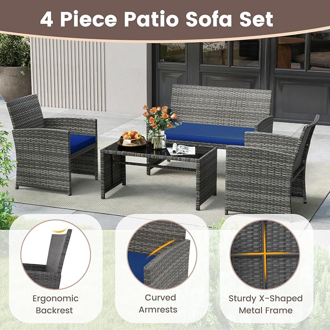 HAPPYGRILL 4 Piece Rattan Wicker Patio Conversation Set, Outdoor Furniture with Chair Loveseat Table & Cushion, for Backyard Porch Balcony (1, Navy)