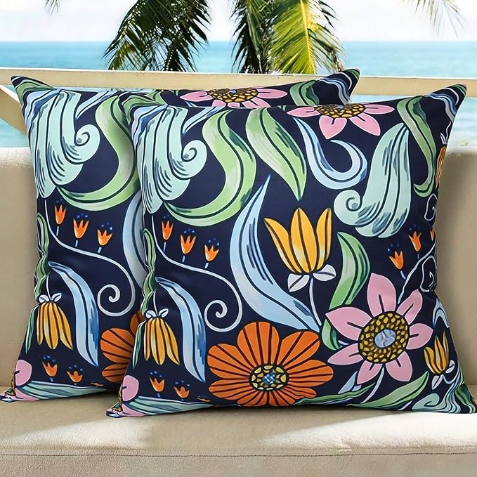 Outdoor Pillow Covers Waterproof Cushion Covers Patio Pillows Case 2 Pack | 18x18inch,Printed Boho Flowers,Seamless,Hidden Zipper,Machine Washable,Perfect decoration for Porch,Patio,Balcony