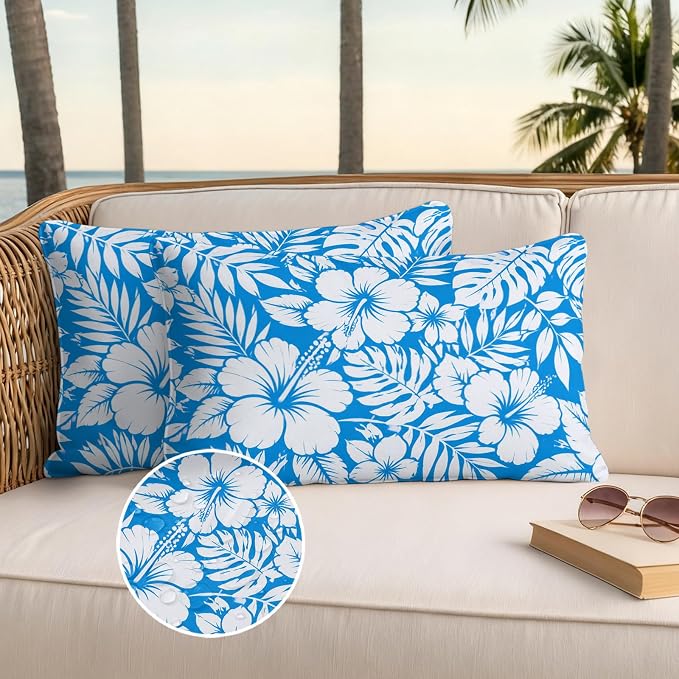 Hibiscus Flowers Waterproof Outdoor Pillow Covers Set of 2 Home Decor, Blue Tropical Monstera Leaves Lumbar Pillowcase Patio Pillow Covers for Couch Bench Patio Furniture Garden 20x12in